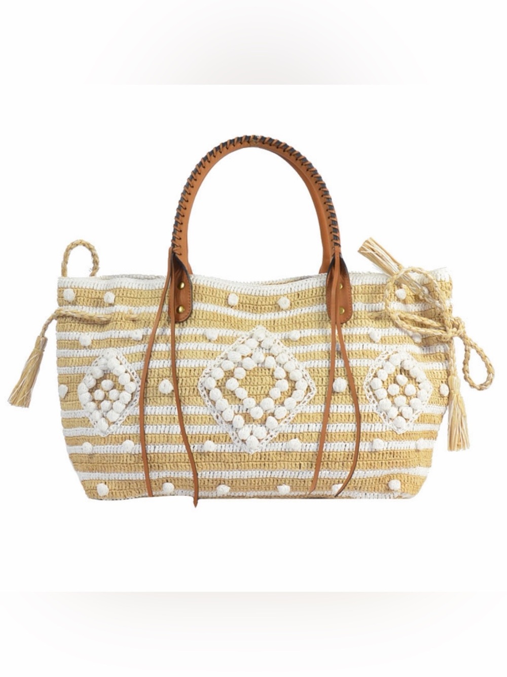 NWT GERARD DAREL 24 GD Raphia White Crochet Tote Bag with Leather Handles $495 - Picture 4 of 10